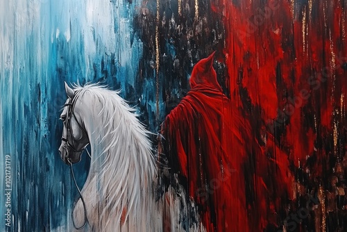 Mystical contrast: horse and hooded figure in blue and red abstract landscape