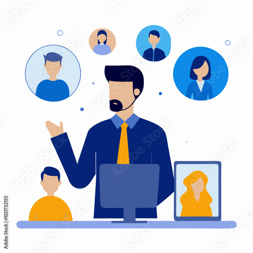 Businessman conducting virtual meeting with colleagues on screen