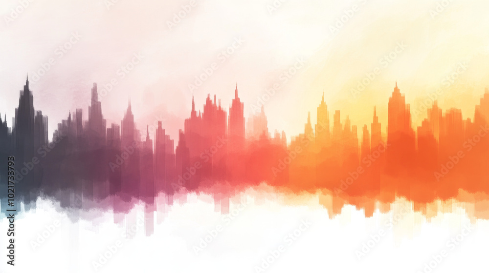 Fototapeta premium A watercolor illustration of a city skyline with a vibrant orange and red color scheme.
