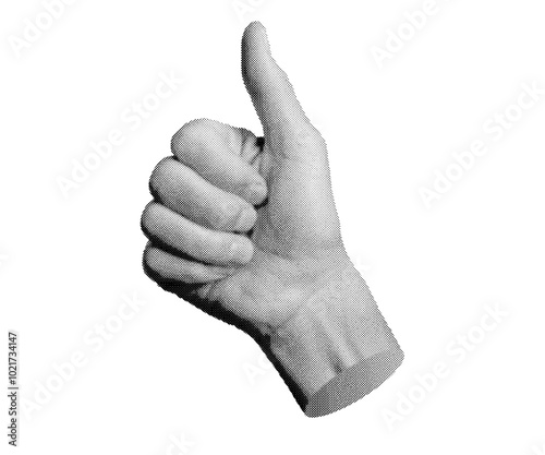 Thumb up gesture, hand showing good, finger like, yes okay. Halftone style vector isolated on white background.