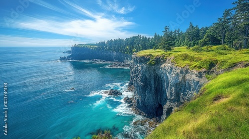 A panoramic view of a rocky coastline with turquoise water crashing against the cliffs.