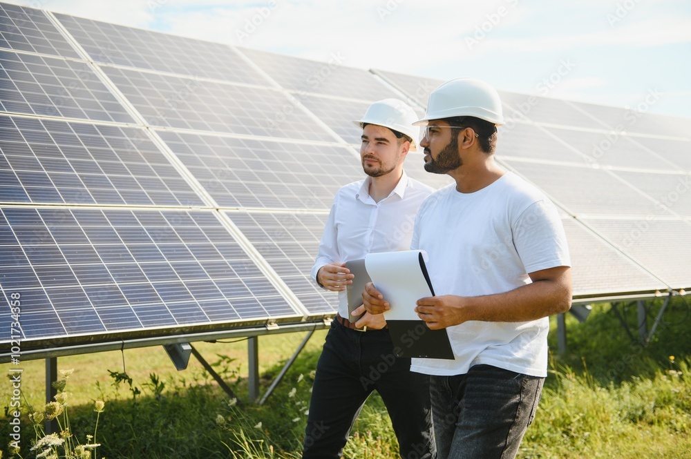 Two engineers or businessmen on the background of solar panels. Renewable energy. Green energy Two engineers or businessmen on the background of solar panels. Renewable energy. Green energy