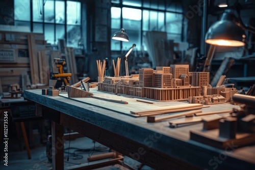 An attractive wooden city model is put on display under a warm lamp