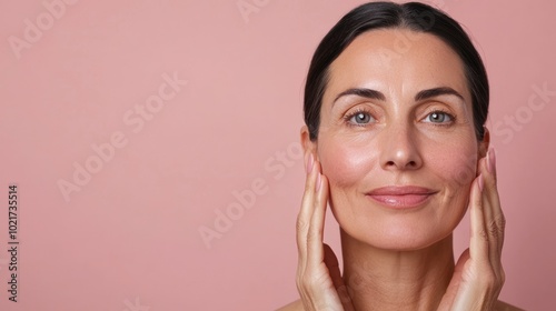 A woman gently touches her face, smiling against a soft pink background, showcasing a natural and radiant skincare look. photo