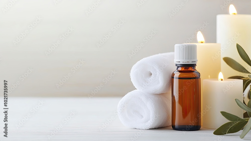 A calming arrangement of essential oils, rolled towels, and candles, creating a tranquil spa-like atmosphere for relaxation and wellness. A calming arrangement of essential oils, rolled towels, and candles, creating a tranquil spa-like atmosphere for relaxation and wellness.