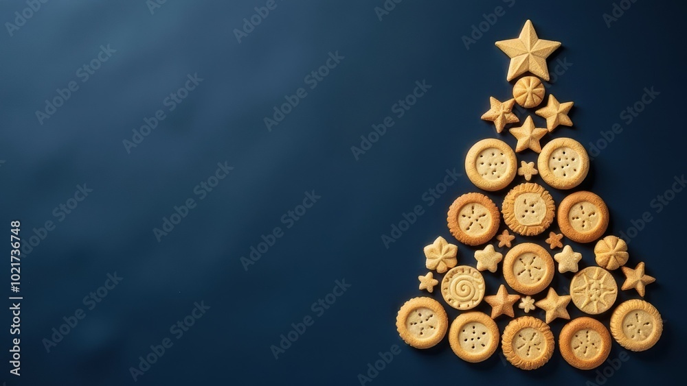 edible Christmas tree made of golden-brown cookies on dark blue background, banner with copy space. Christmas baking, marketing materials for bakeries or confectioneries, edible Christmas decoration. edible Christmas tree made of golden-brown cookies on dark blue background, banner with copy space. Christmas baking, marketing materials for bakeries or confectioneries, edible Christmas decoration.