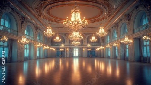 A grand ballroom with chandeliers, ornate details, and a polished wooden floor.