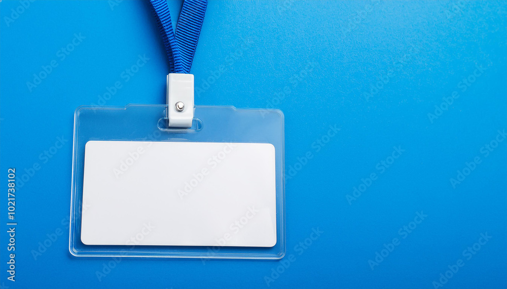 Fototapeta premium Blank office badge, empty name tag on bright blue backdrop. Mock-up.
