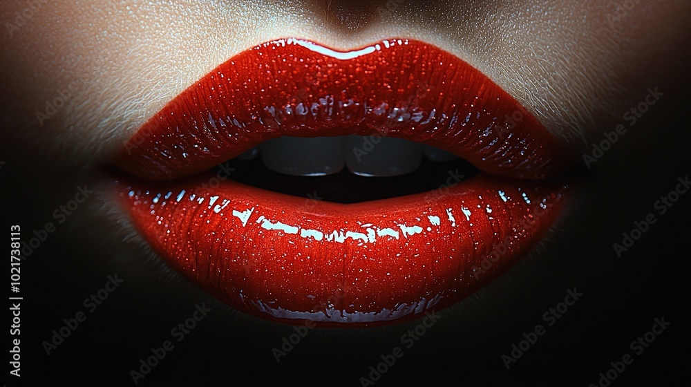 Fototapeta premium A photo of a woman's closely cropped lips, adorned with vivid red lipstick below them