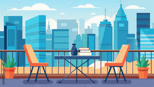 The librarys balcony overlooking the city skyline with a few chairs and a table for a peaceful outdoor study spot.