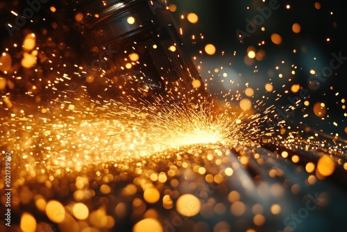 Close-up of sparks flying from a metal cutting machine. photo