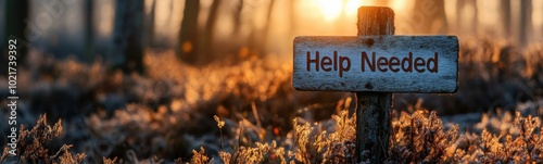 Sign that says help needed in the middle of a field