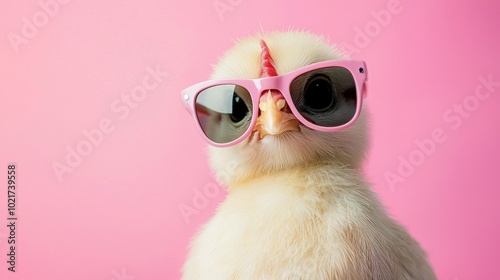 Surrealist editorial advertisement featuring a chicken hen wearing sunglasses on a solid pastel background.