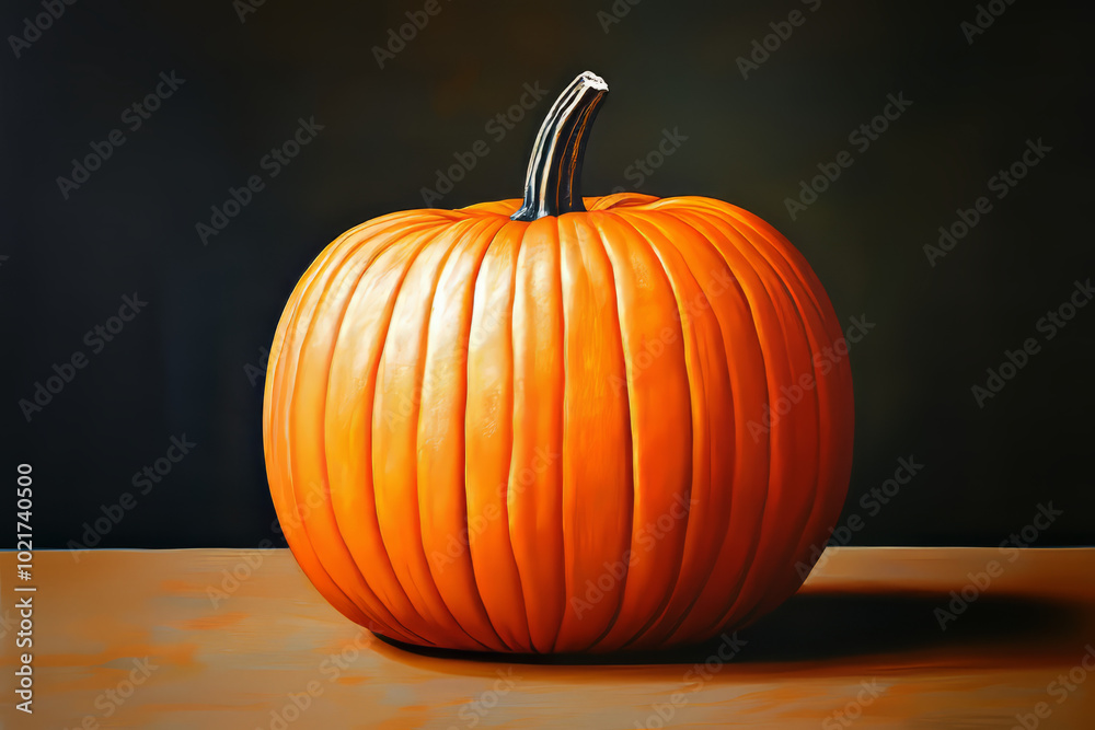 Large orange pumpkin sitting on a wooden surface with a dark background, showcasing detailed textures and natural autumnal colors. Halloween pumpkin. Large orange pumpkin sitting on a wooden surface with a dark background, showcasing detailed textures and natural autumnal colors. Halloween pumpkin.