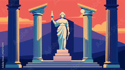 Two large marble columns framed an ancient statue of a goddess standing tall and regal.