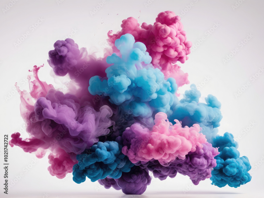 Fototapeta premium Acrylic color pigment and ink cloud in water. Abstract smoke on white background with copy space. Fancy dream cloud of ink underwater. Purple, blue,white and pink colors