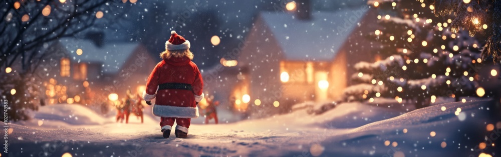Naklejka premium A festive evening stroll by Santa Claus through a snowy village adorned with glowing lights during the holiday season. Wide web banner.
