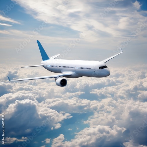 A commercial airplane soaring above fluffy white clouds during a bright day in a clear blue sky