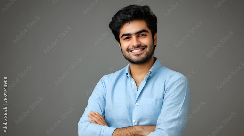 A portrait of an attractive young Indian man with wavy hair, smiling and standing confidently in front of a grey background, wearing a dark blue shirt A portrait of an attractive young Indian man with wavy hair, smiling and standing confidently in front of a grey background, wearing a dark blue shirt