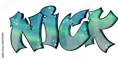 Nick - name street art - graffiti lettering typography - art illustration - multicolor - writen Word - blue and green		 