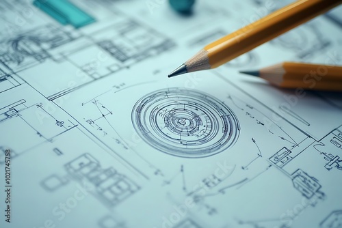 Close up of architectural blueprints with pencils, design concept, engineering, construction, planning