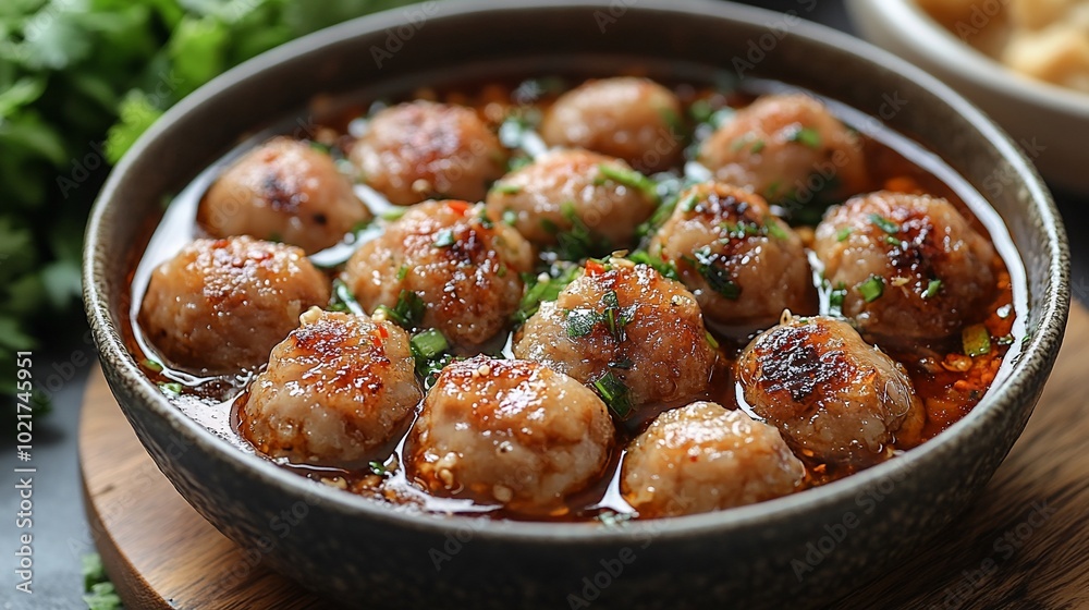 A bowl of meatballs in a spicy sauce, garnished with chopped cilantro. A bowl of meatballs in a spicy sauce, garnished with chopped cilantro.