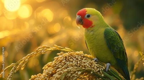 A vibrant green parrot perches on stalks of rice in a field at sunset.