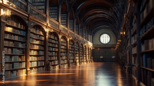 A grand, ornate library with rows of bookshelves filled with leather-bound books. Sunlight streams through a circular window at the end of the hall, illuminating the wooden floor.