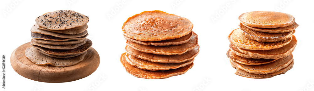Set of buckwheat pancakes, isolated on transparent background. PNG element. Set of buckwheat pancakes, isolated on transparent background. PNG element.