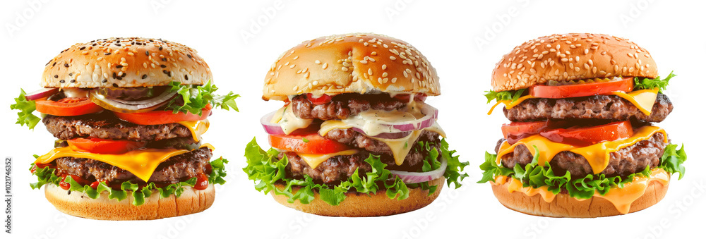 Set of burger with cheese, double beef, tomato, and salad, isolated on transparent background. PNG element. Set of burger with cheese, double beef, tomato, and salad, isolated on transparent background. PNG element.