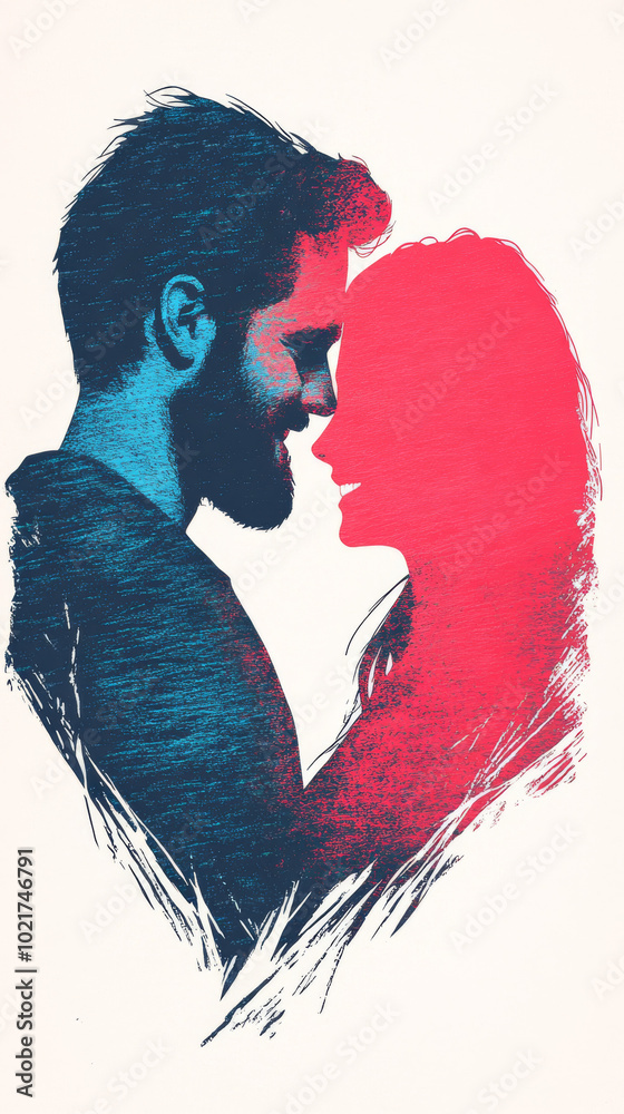 Fototapeta premium Silhouettes of a man and woman, in blue and pink, looking lovingly at each other.