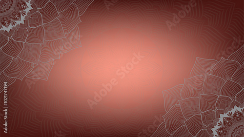 Round mandala on dreamy peach fuzz gradient background. Translucent mesh pattern in the form of a mandala. Mandala with floral patterns. Pastel Yoga template. Gradient background with round mandala.