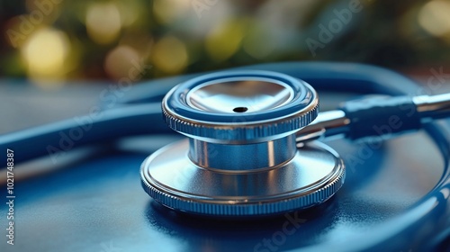 Close-up of a blue stethoscope with a blurred background.