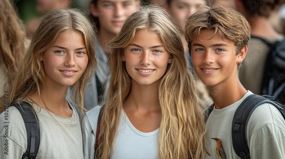 Three young people with long hair are smiling for the camera. They are wearing backpacks and one of them has a bird on their shirt Three young people with long hair are smiling for the camera. They are wearing backpacks and one of them has a bird on their shirt