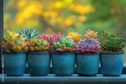 A row of seven colorful succulents in blue pots sits on a window sill with a blurred background of green and yellow foliage. photo