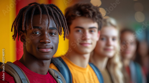 A group of young people are standing in a line, with one of them wearing a red shirt and a backpack. The group appears to be smiling and posing for a photo