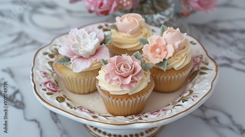 A plate of beautifully decorated wedding cupcakes.