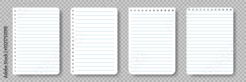 Set of Lined Paper sheets from notepad. School sheet with lines. Realistic White sheet for notes. Notebook page for education. Blank notepaper with shadow isolated on transparent background