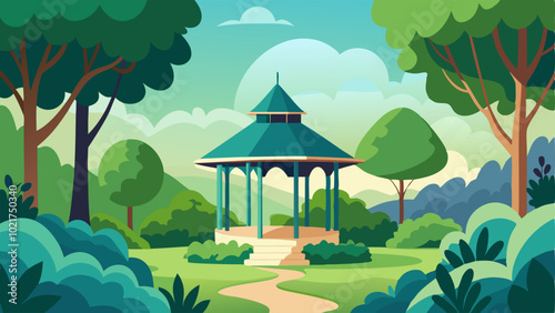 The pavilion is surrounded by lush green trees and shrubs creating a peaceful and natural atmosphere.