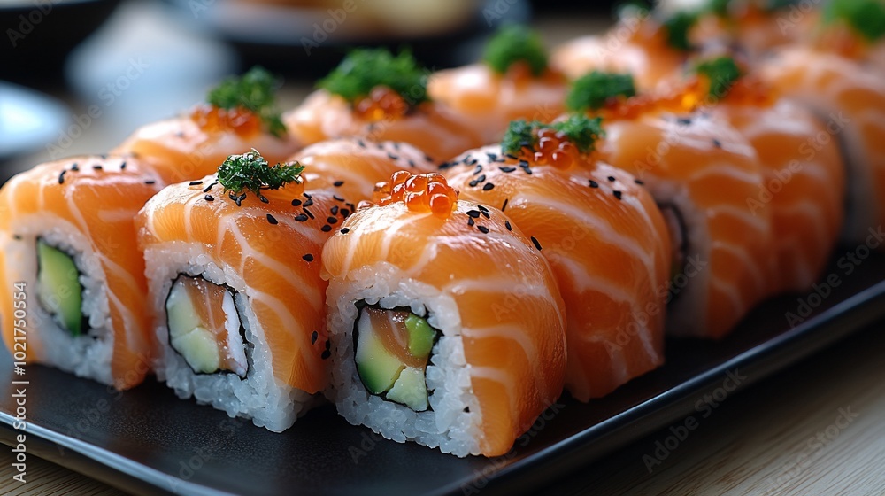 A platter of salmon sushi rolls, garnished with black sesame seeds and red caviar, with a few sprigs of parsley. A platter of salmon sushi rolls, garnished with black sesame seeds and red caviar, with a few sprigs of parsley.