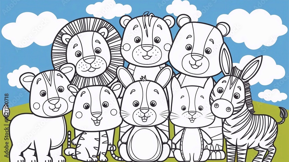 Naklejka premium Coloring book page featuring a group of 8 different cute animals in a simple line art style.