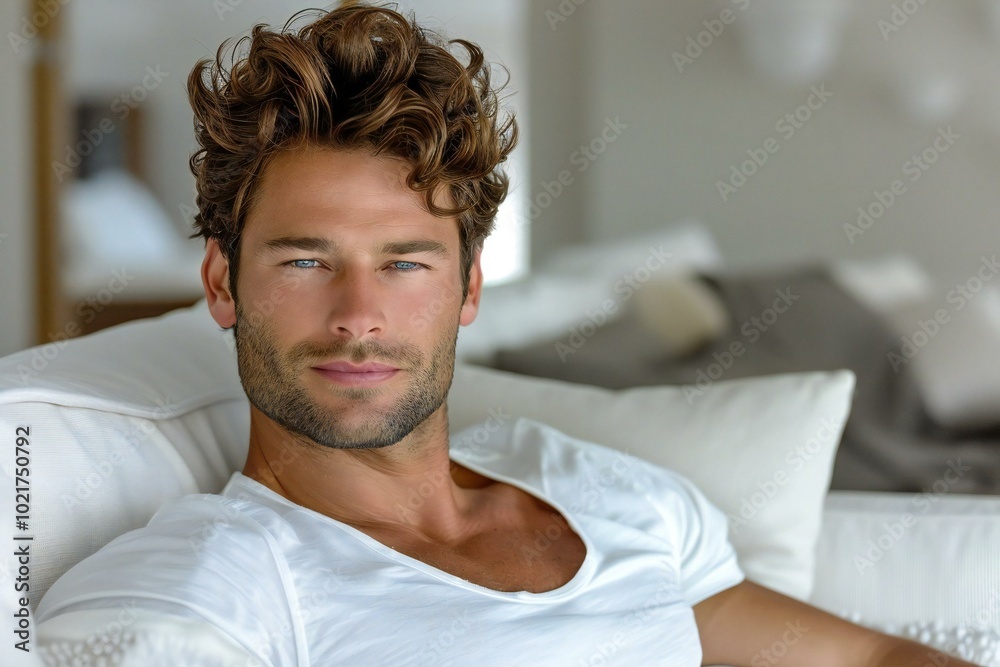 man in casual comfortable clothes sitting on a white sofa, looking content and relaxed. The background is clean and minimalistic.