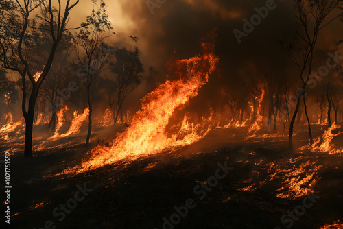 An intense blaze sweeping through a dry forest, flames towering over the trees as thick smoke fills the air, rapidly consuming everything in its path
