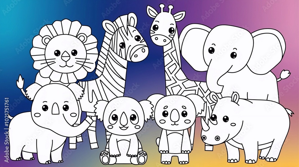 Naklejka premium Coloring book page featuring a group of 8 different cute animals in a simple line art style.