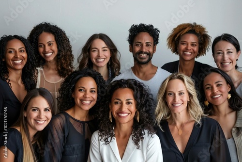 - A diverse group of professionals smiling together in front of a white background for a corporate team photo shoot.