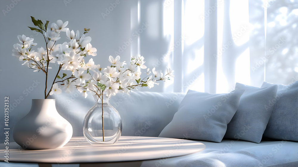 White Flowers in Vases on a Coffee Table 3D Illustration White Flowers in Vases on a Coffee Table 3D Illustration