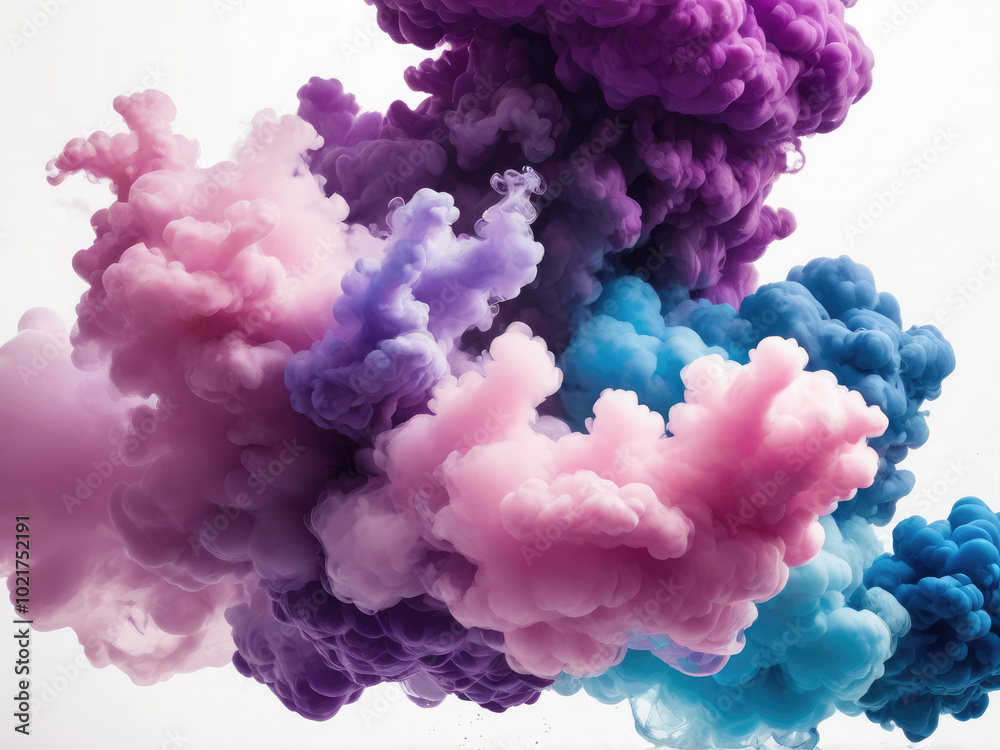 Acrylic color pigment and ink cloud in water. Abstract smoke on white background with copy space. Fancy dream cloud of ink underwater. Purple, blue,white and pink colors Acrylic color pigment and ink cloud in water. Abstract smoke on white background with copy space. Fancy dream cloud of ink underwater. Purple, blue,white and pink colors