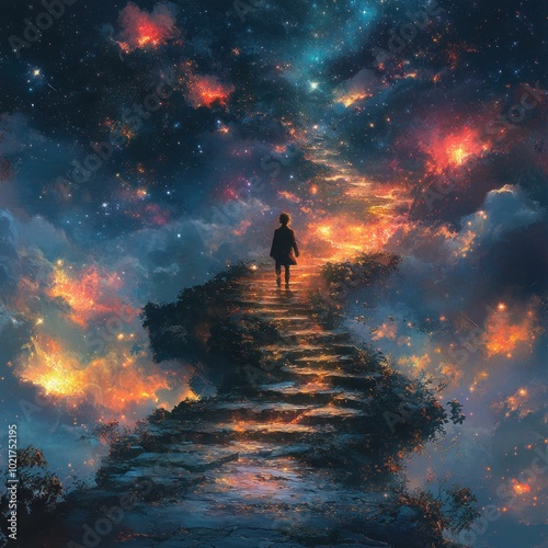 A lone figure walks towards the stars on a path of stone steps leading up into a colorful sky. photo