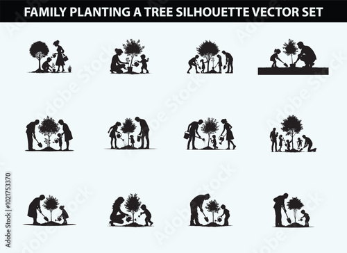 Editable Black Family Planting a Tree Silhouette Vector Design on Transparent Background