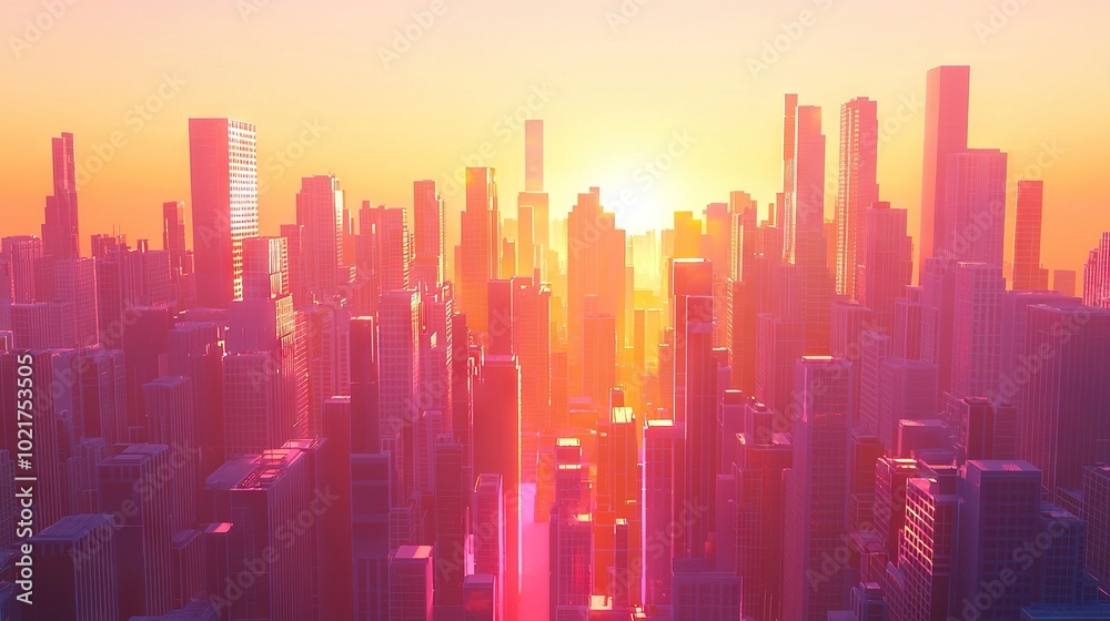 Large, bustling metropolis featuring numerous high-rises and radiant sun overhead Large, bustling metropolis featuring numerous high-rises and radiant sun overhead